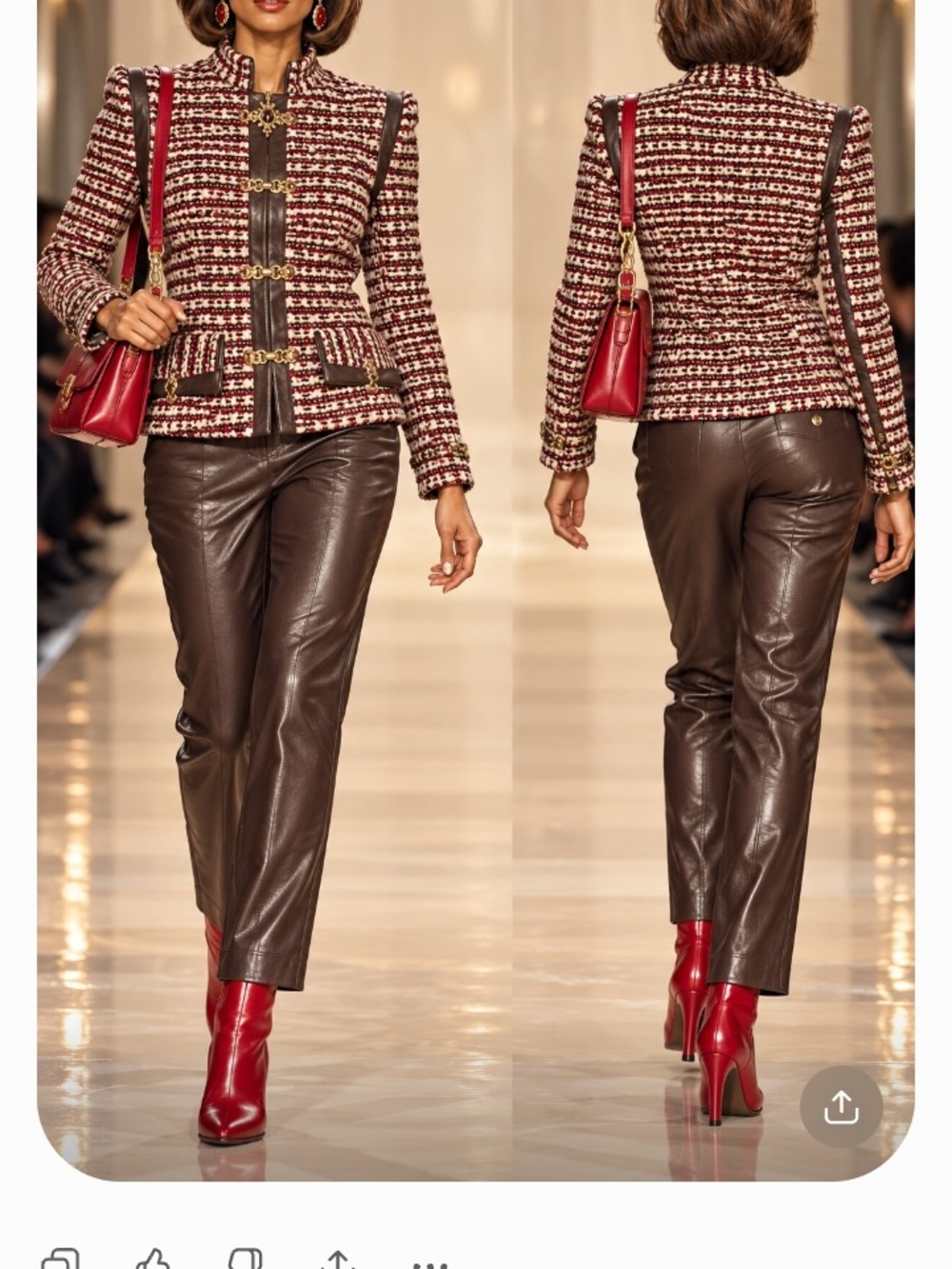 St John 10/12 Burgundy Cream Brown Boucle Knit Jacket Brown Leather Pants Suit - Picture 12 of 14